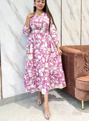 GENRAL Women Fit and Flare Pink, White Knee Length Dress