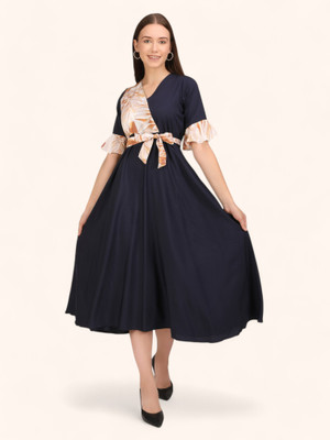 AQSA Women A-line Dark Blue Midi/Calf Length Dress
