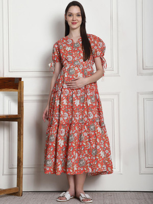 Secret Wish Women Fit and Flare Orange Midi/Calf Length Dress