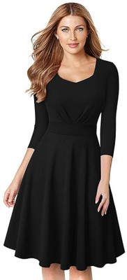 R2S Women A-line Black Knee Length Dress