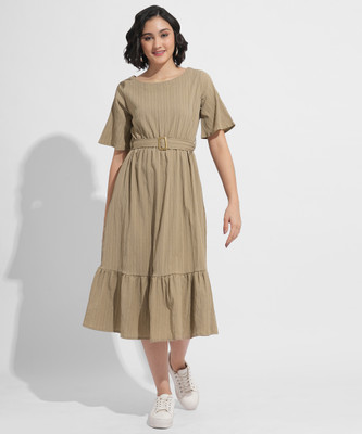 FashFun Women Fit and Flare Beige Midi/Calf Length Dress