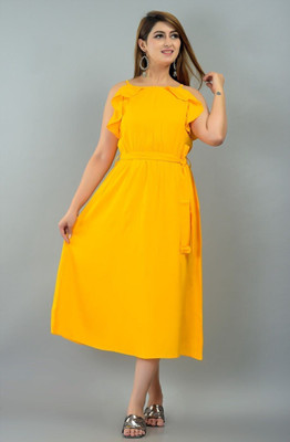 IQRAAR Women Fit and Flare Yellow Midi/Calf Length Dress