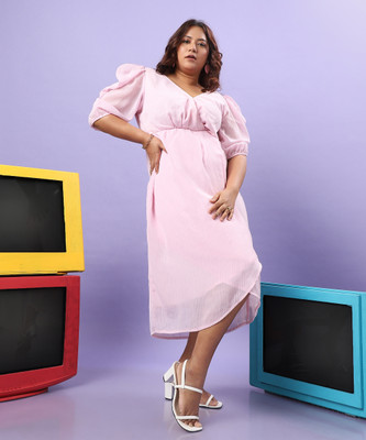 Instafab Plus Women A-line Pink Midi/Calf Length Dress