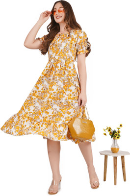 AKSHA CREATION Women Fit and Flare Yellow Midi/Calf Length Dress