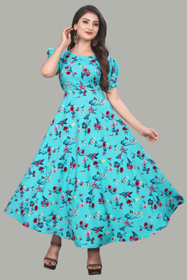 BENIXA TEXTILE Women Fit and Flare Blue Maxi/Full Length Dress