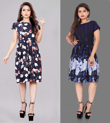 maruti fab Women Fit and Flare Blue Knee Length Dress