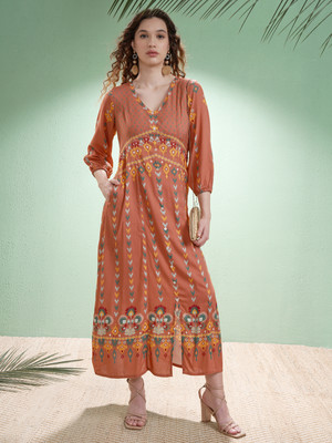Vishudh Women A-line Orange Maxi/Full Length Dress
