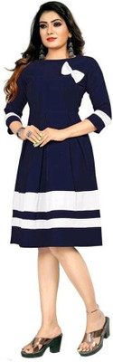 HouseOfCommon Women Fit and Flare Blue, White Knee Length Dress