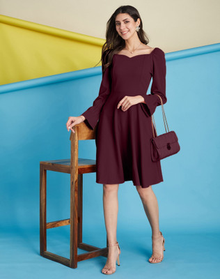 Moda Rapido Women Fit and Flare Maroon Knee Length Dress