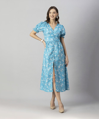 moomaya Women A-line Blue Midi/Calf Length Dress