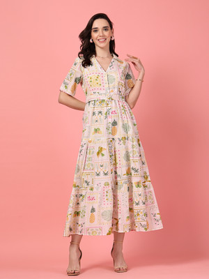 Gulabidress Women A-line White Midi/Calf Length Dress