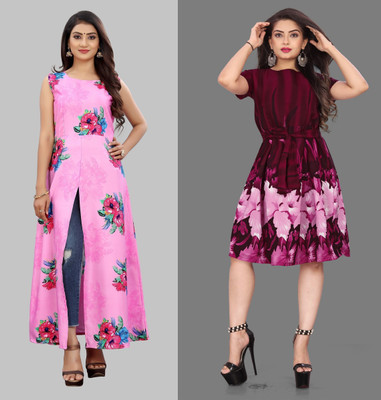tanvi creation Women Fit and Flare Multicolor Midi/Calf Length Dress