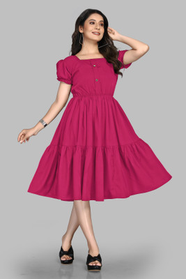 LEVIFIELD Women Fit and Flare Red Midi/Calf Length Dress