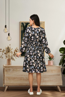 HOC's Women Fit and Flare Black Knee Length Dress