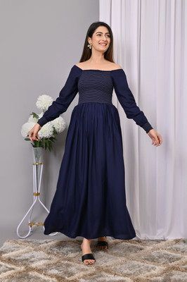 IQRAAR Women Fit and Flare Blue Maxi/Full Length Dress
