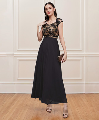 Miss Chase Women Fit and Flare Black Maxi/Full Length Dress