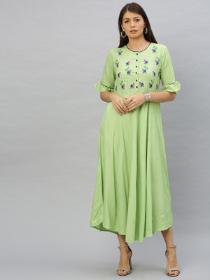 AKIKO Women A-line Green Midi/Calf Length Dress