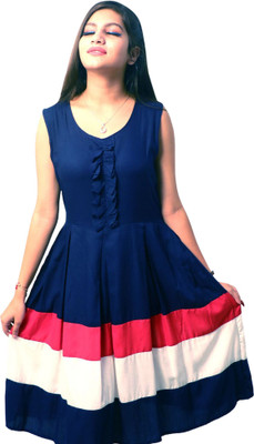 NICKSDESIGN Women Fit and Flare Dark Blue, Pink, White Knee Length Dress