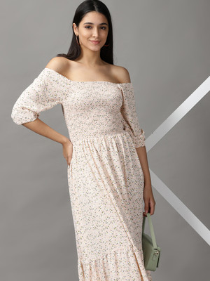 SHOWOFFFF Women Fit and Flare Pink Maxi/Full Length Dress
