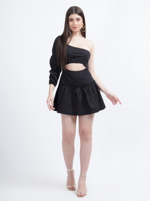 DRAPE AND DAZZLE Women Fit and Flare Black Above Knee/Mid Thigh Length Dress