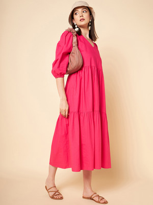 High Star Women Fit and Flare Pink Midi/Calf Length Dress