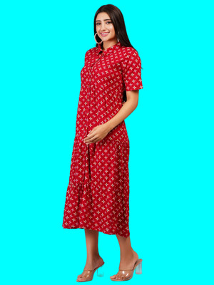 Jyoti Women Fit and Flare Red Midi/Calf Length Dress