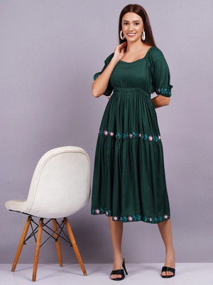 Highlight fashion export Women Fit and Flare Green Midi/Calf Length Dress