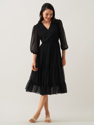 AASK Women Fit and Flare Black Midi/Calf Length Dress