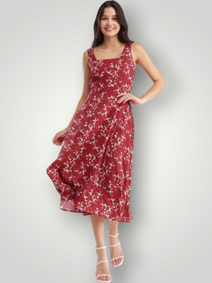 KALLAXI Women A-line Red Midi/Calf Length Dress