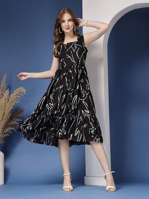 GLAMALUE Women Fit and Flare Black, White Midi/Calf Length Dress