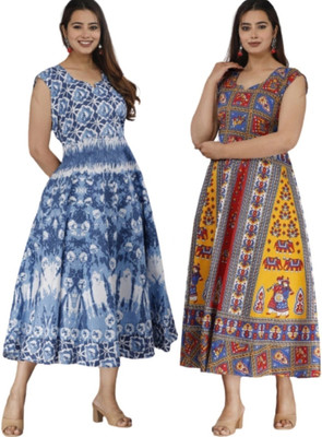 Namokarhub Women Fit and Flare Multicolor Midi/Calf Length Dress