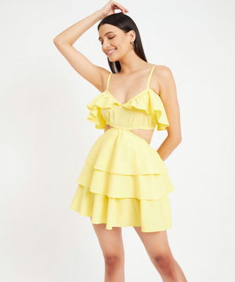 DRAPE AND DAZZLE Women A-line Yellow Mini/Short Dress