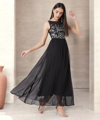 Miss Chase Women Gathered Black Maxi/Full Length Dress