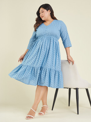 Janasya Women Fit and Flare Light Blue Midi/Calf Length Dress