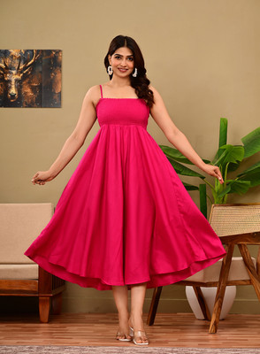 MEWEAR Women Fit and Flare Pink Midi/Calf Length Dress