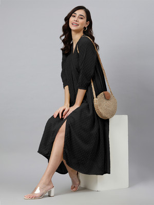 Janasya Women Empire Waist Black Below Knee Dress