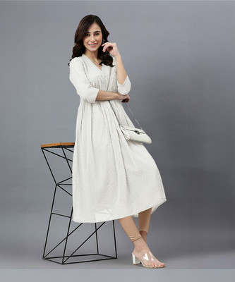 Janasya Women A-line White Midi/Calf Length Dress