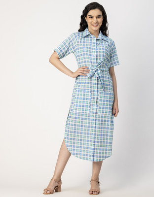 moomaya Women Shirt Light Blue, White, Light Green Midi/Calf Length Dress