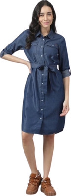 Tripursundari Fashion Women A-line Blue Knee Length Dress