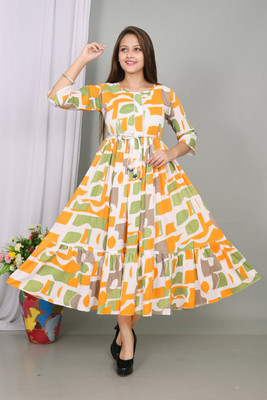 ANMOLDRESS Women Fit and Flare Yellow Midi/Calf Length Dress