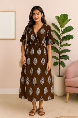 SRP Enterprises Women Fit and Flare Brown, White Midi/Calf Length Dress