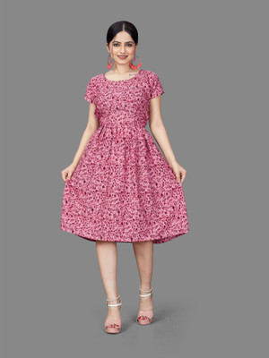 Madhave Women Fit and Flare Pink Knee Length Dress