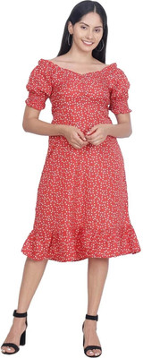 HIZA Women A-line Red Midi/Calf Length Dress