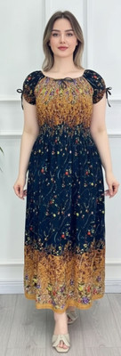 COMFY ATTIRE Women Fit and Flare Brown, Blue Maxi/Full Length Dress