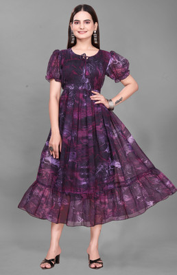 Parth Creation Women Fit and Flare Purple Maxi/Full Length Dress
