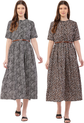 HEAVENS CREATIONS Women Fit and Flare Black, Beige Midi/Calf Length Dress