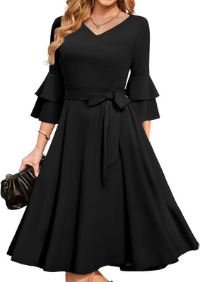 C4D Women Fit and Flare Black Midi/Calf Length Dress