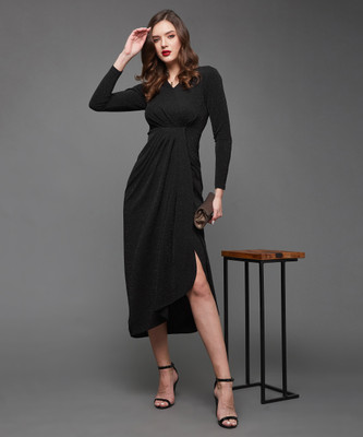 Miss Chase Women Wrap Black Midi/Calf Length Dress