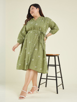 Janasya Women A-line Green Below Knee Dress