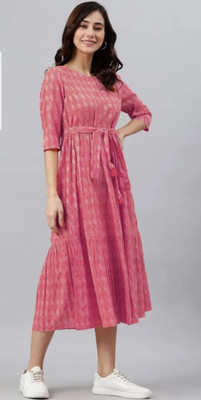 Bibas Women Fit and Flare Pink, White Midi/Calf Length Dress